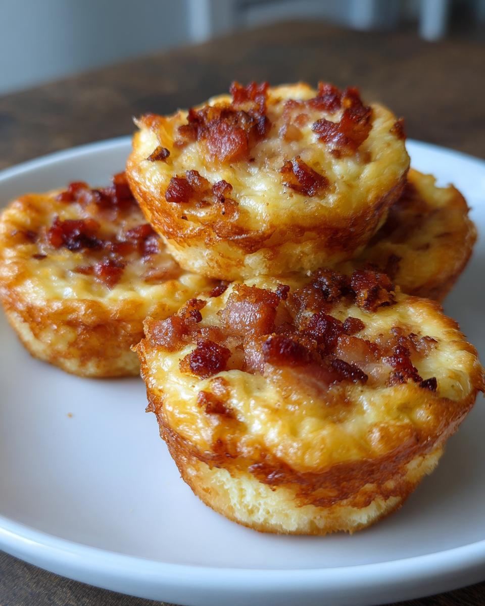 A stack of golden-brown bacon gruyere egg bites topped with crispy bacon pieces on a white plate.