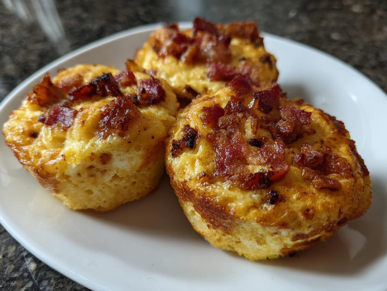 Close-up of three golden-brown bacon gruyere egg bites topped with crispy bacon pieces on a white plate.