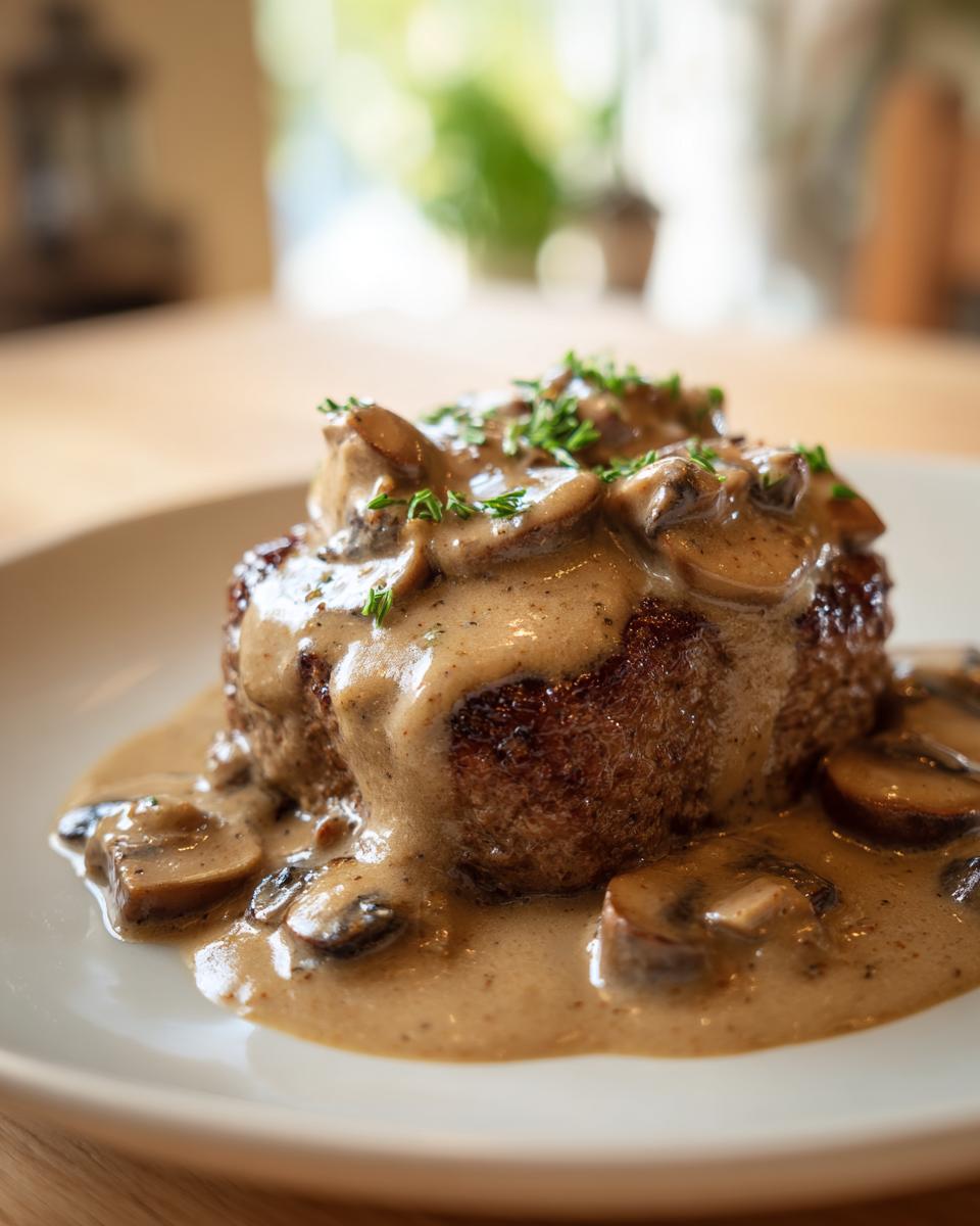 Close-up of a baked hamburger steak smothered in creamy mushroom gravy and topped with fresh parsley.