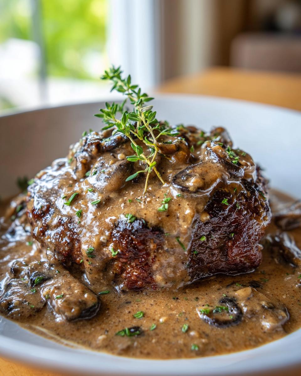 A close-up of a juicy baked hamburger steak smothered in rich mushroom gravy and fresh herbs.