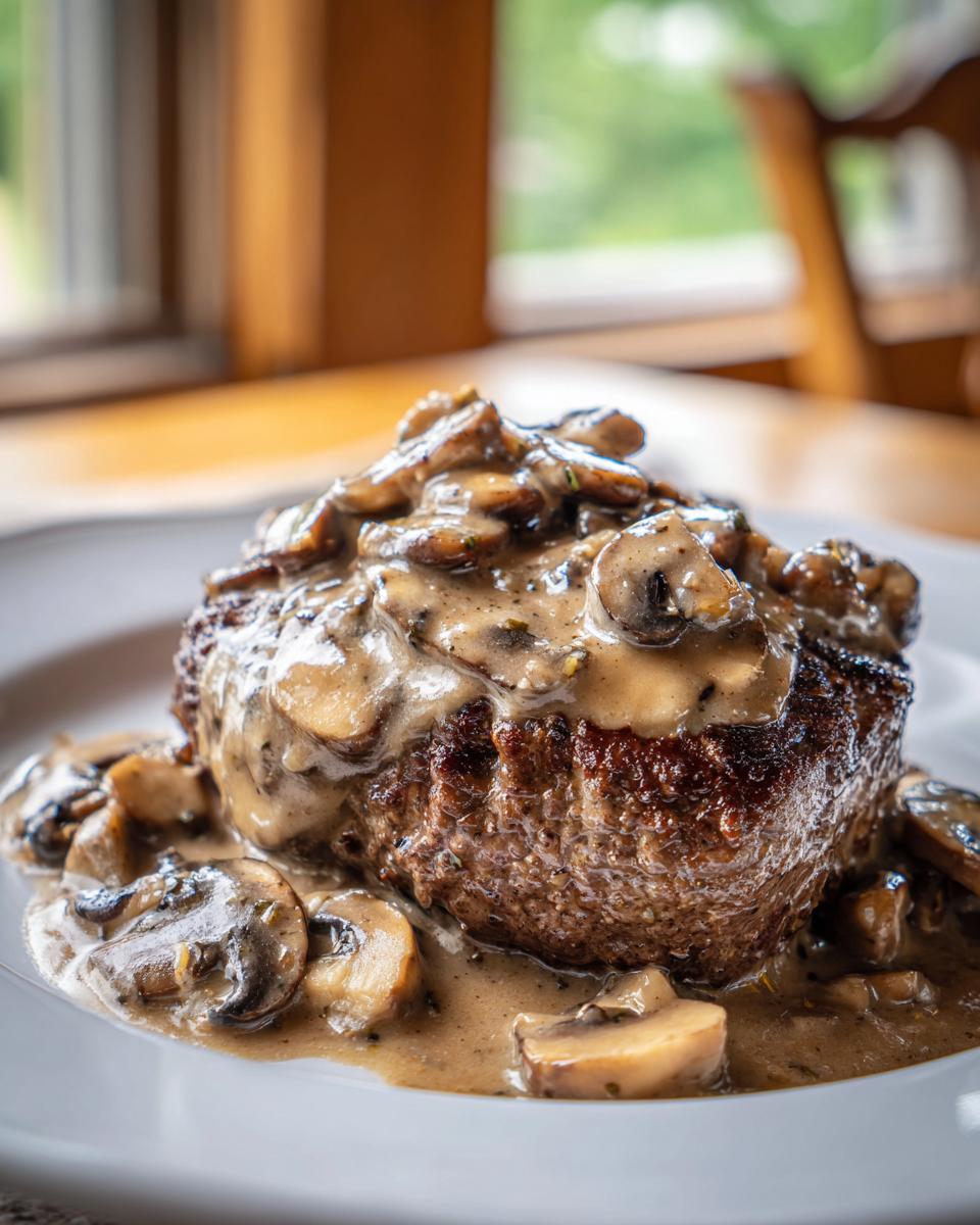 A close-up of a baked hamburger steak topped with creamy mushroom sauce and sliced mushrooms.