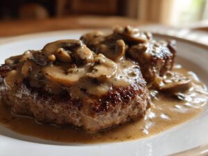 Close-up of two baked hamburger steaks smothered in creamy mushroom gravy on a white plate.