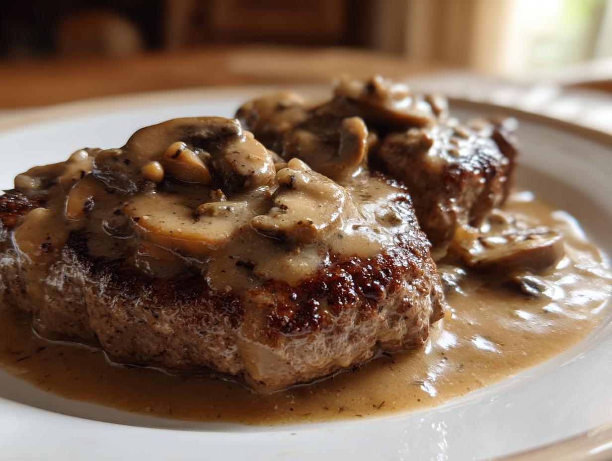 Close-up of two baked hamburger steaks smothered in creamy mushroom gravy on a white plate.