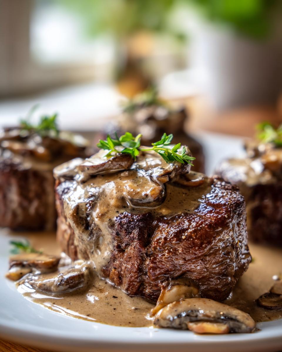 Close-up of baked hamburger steaks topped with creamy mushroom sauce and fresh thyme.