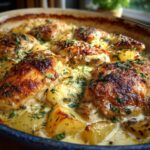 Close-up of golden-brown baked herb chicken casserole with potatoes and creamy sauce.