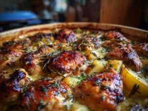 Close-up of a baked herb chicken casserole with golden-brown chicken pieces and potatoes.