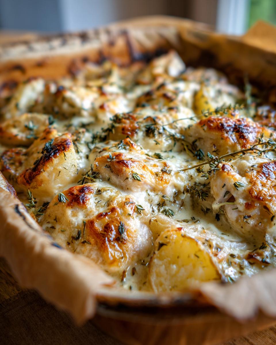 Close-up of a bubbling Baked Herb Chicken Casserole with golden-brown chicken pieces and potatoes, topped with melted cheese and fresh herbs.