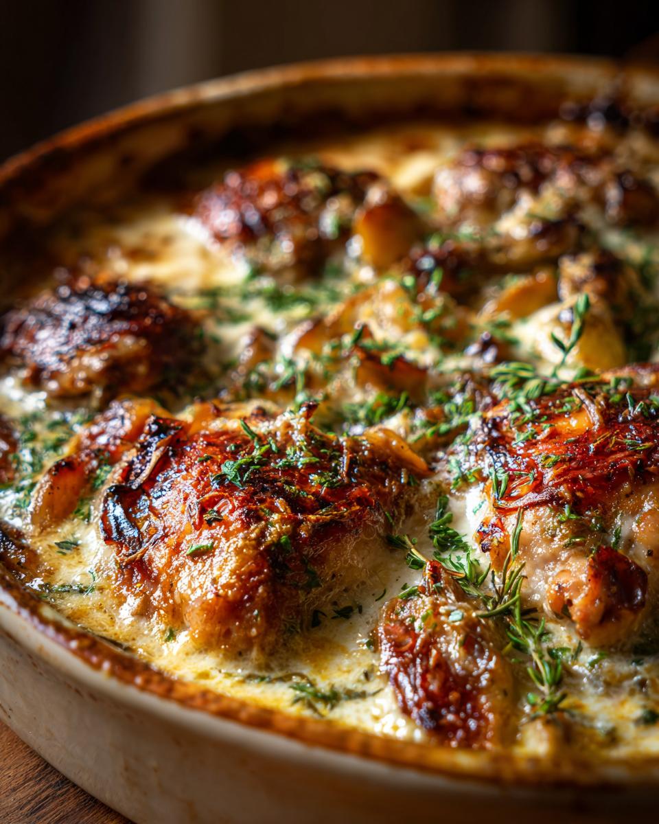 Close-up of a golden-brown baked herb chicken casserole in a baking dish, topped with fresh herbs.