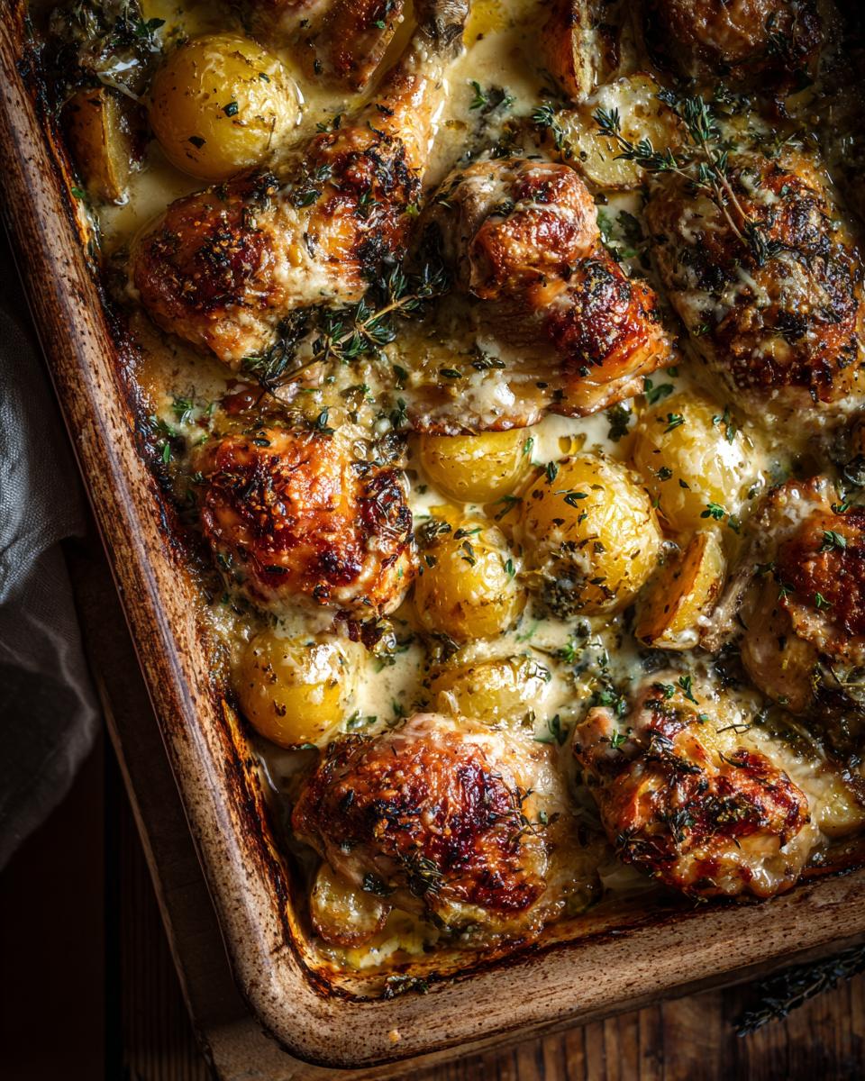 Close-up of a baked herb chicken casserole in a rustic dish, featuring golden-brown chicken pieces and roasted potatoes in a creamy sauce, garnished with fresh thyme.