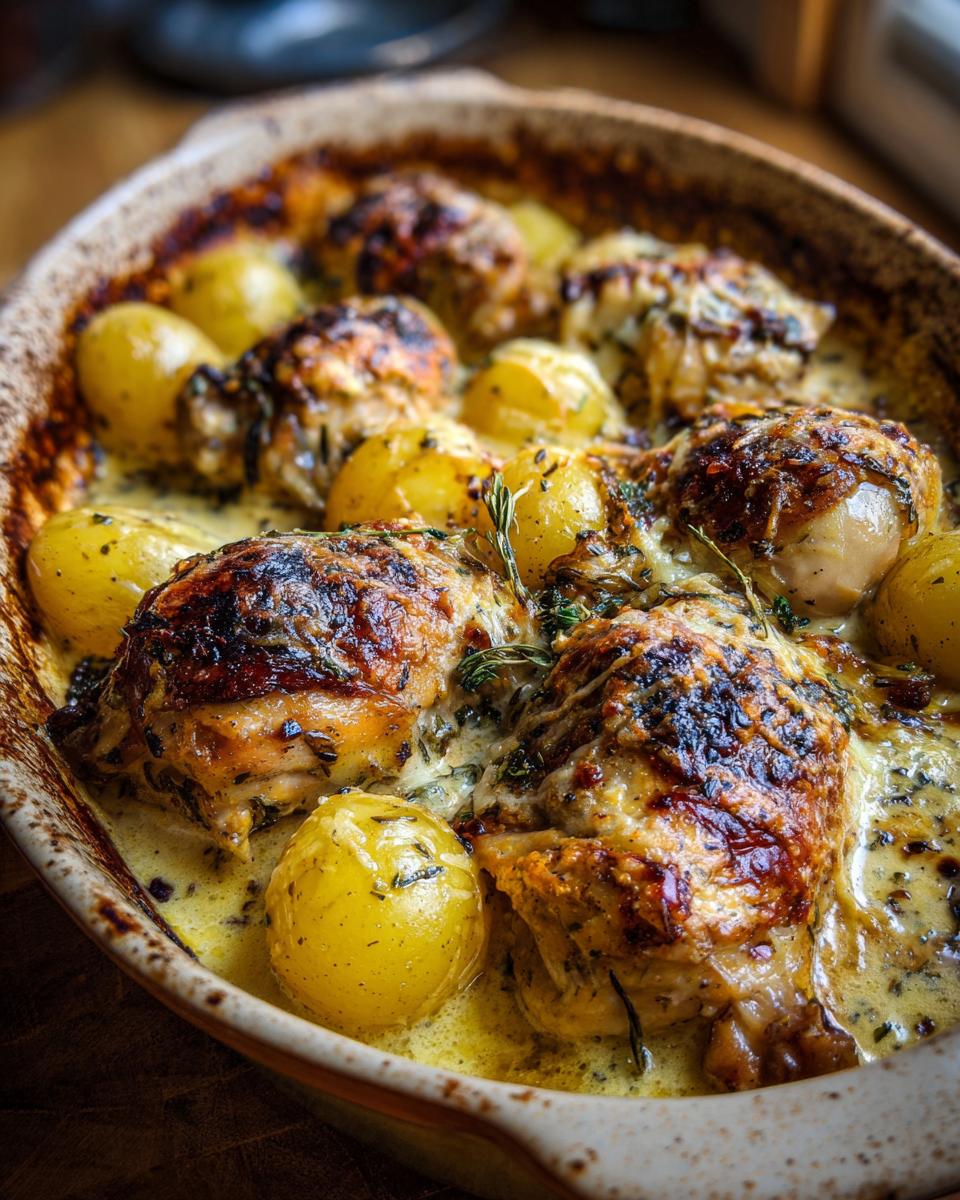 Close-up of a baked herb chicken casserole with golden-brown chicken pieces and small potatoes in a creamy sauce.