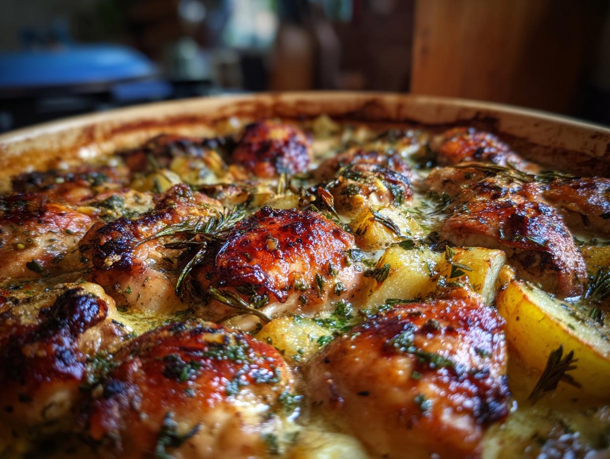 Close-up of a baked herb chicken casserole with golden-brown chicken pieces and potatoes.