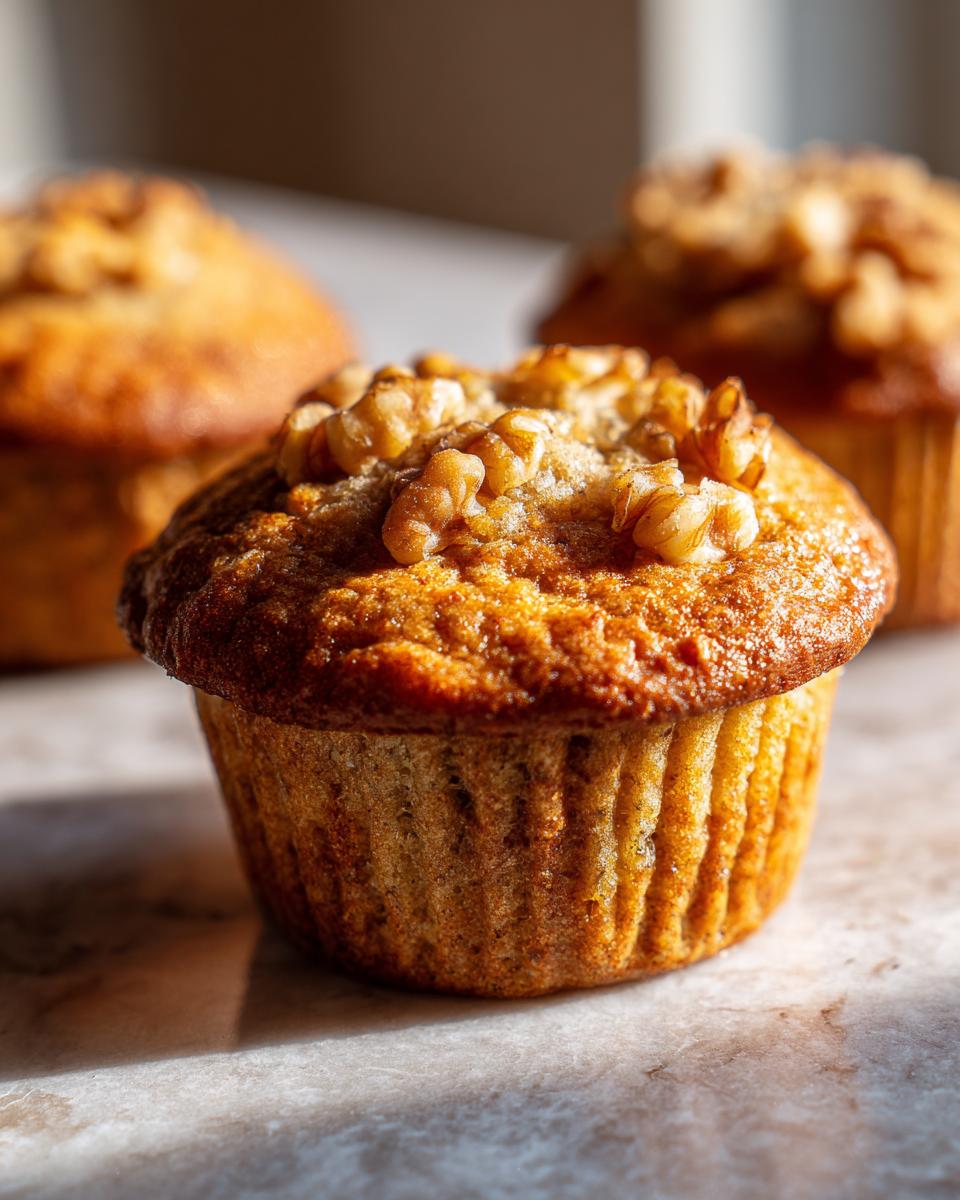 Close-up of a golden-brown banana nut muffin topped with walnuts, with two more muffins blurred in the background.