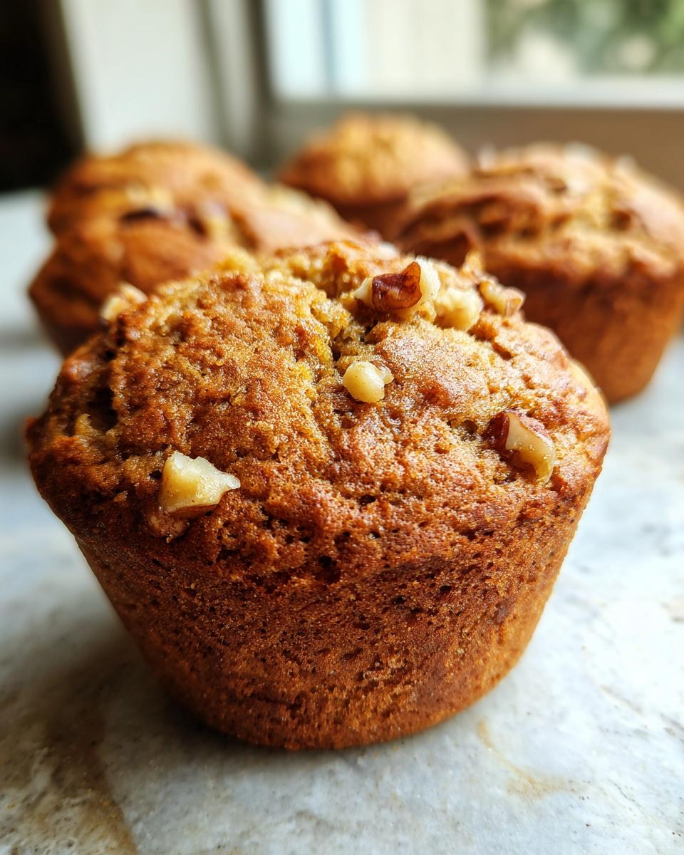 Close-up of a golden-brown banana nut muffin topped with chopped walnuts.