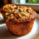 Close-up of a golden-brown banana nut muffin topped with crunchy walnuts, ready to be enjoyed.