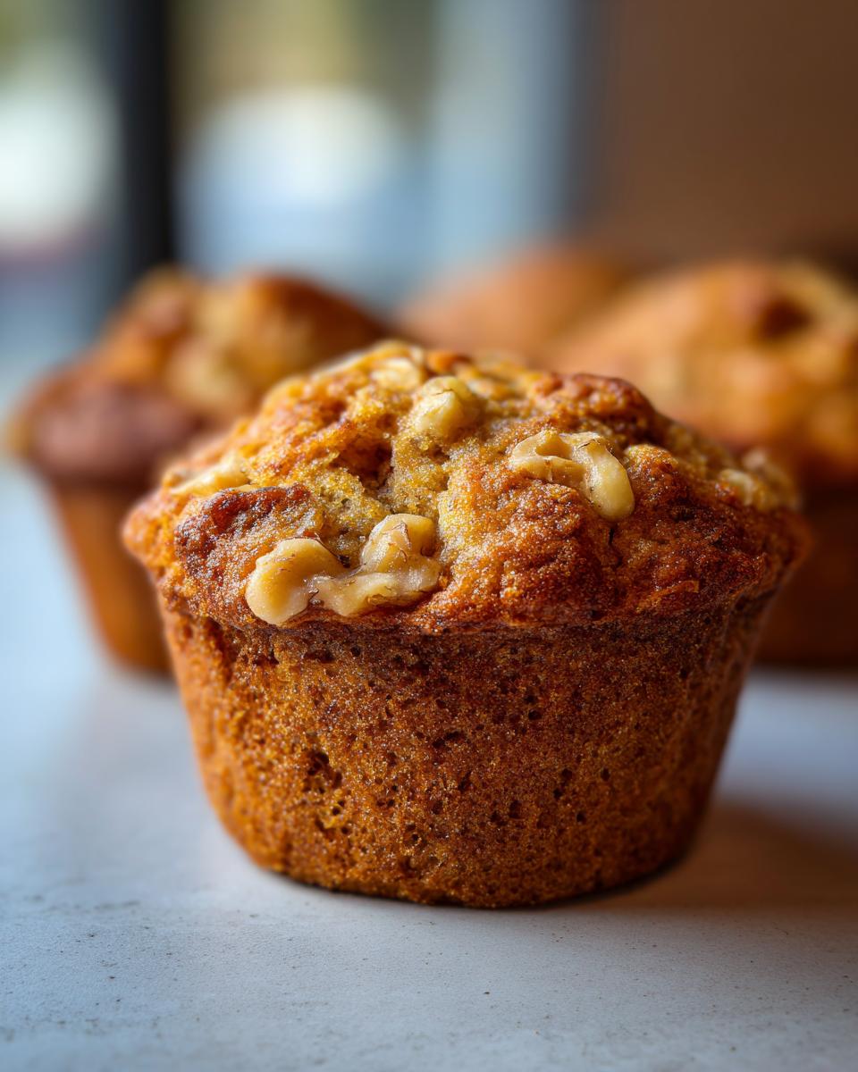 Close-up of a golden-brown banana nut muffin topped with crunchy walnuts.