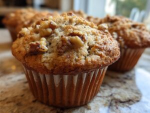 Close-up of a delicious banana nut muffin topped with crunchy walnuts, with more muffins blurred in the background.