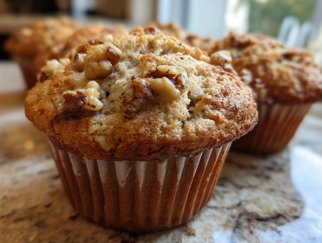 Close-up of a delicious banana nut muffin topped with crunchy walnuts, with more muffins blurred in the background.