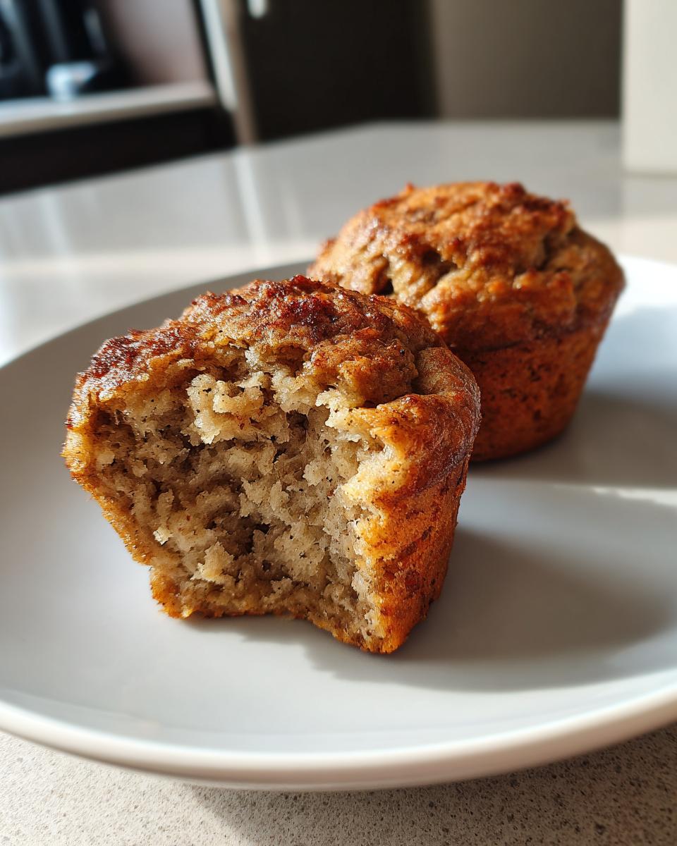 Close-up of two easy banana protein muffins on a plate, one with a bite taken out, showing the fluffy interior.