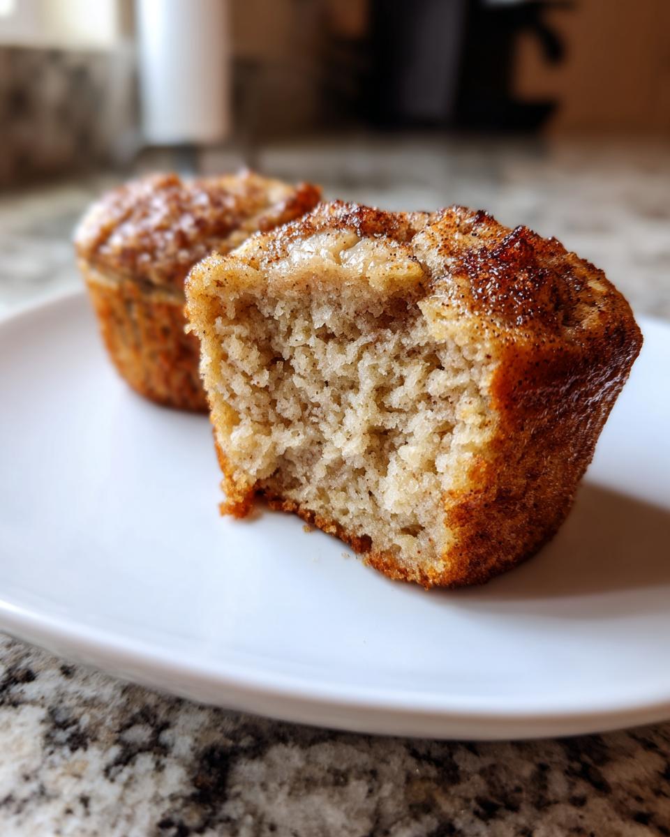A close-up of a banana protein muffin with a bite taken out, showing its moist interior and cinnamon topping.
