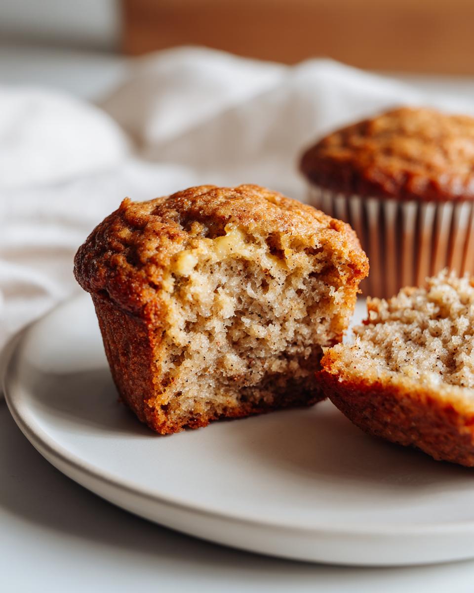 Close-up of a broken banana protein muffin on a white plate, showing its moist interior and flecks of banana.
