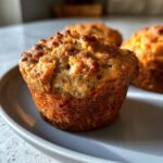 Close-up of a golden-brown banana protein muffin with a slightly cracked top, served on a grey plate.