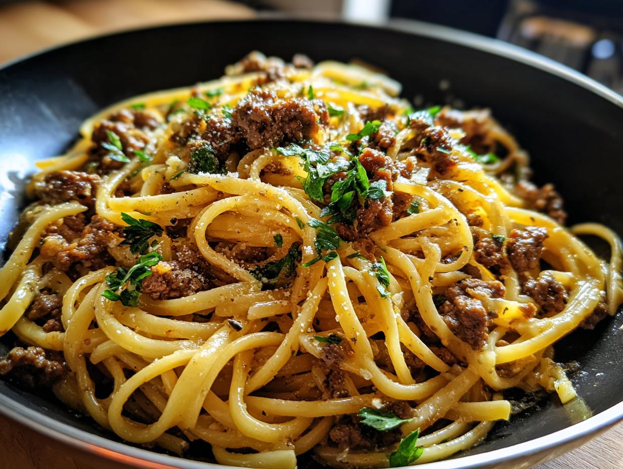 A close-up of a bowl filled with delicious Beef and Garlic Butter Linguine, garnished with fresh parsley.
