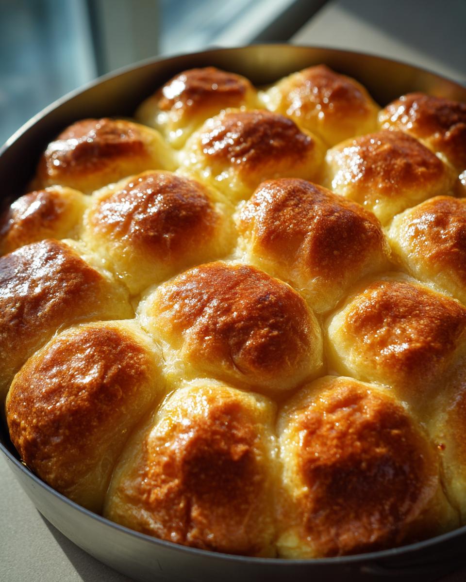 Close-up of golden-brown baked beef and bowtie pasta rolls in a round pan, glistening and ready to serve.