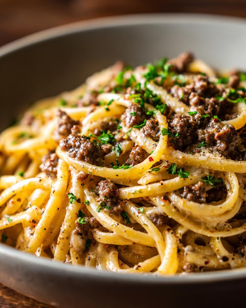 Close-up of delicious Beef and Garlic Butter Linguine topped with fresh parsley.