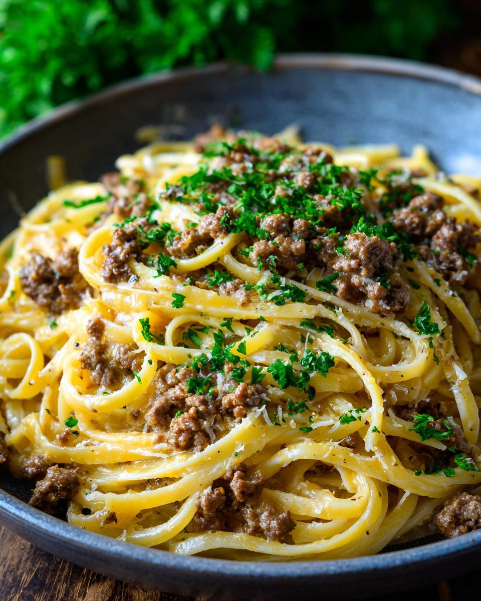 A close-up of a bowl of Beef and Garlic Butter Linguine, topped with fresh parsley and grated cheese.