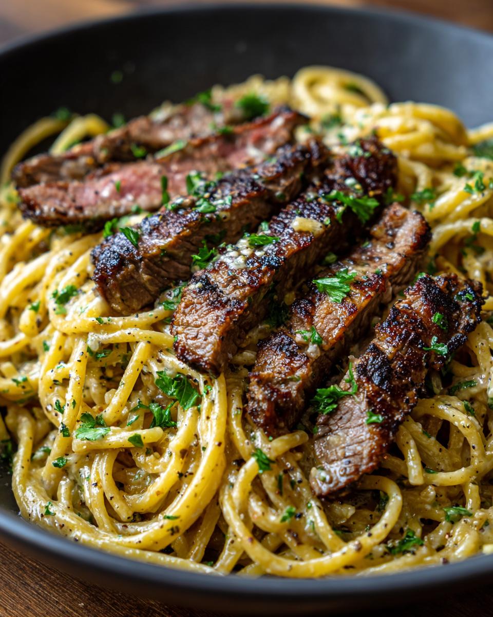 Close-up of delicious beef garlic butter linguine topped with perfectly grilled sliced steak and fresh parsley.