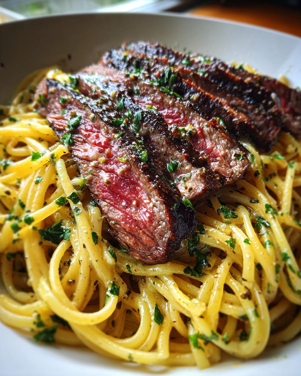 Close-up of sliced juicy steak served over linguine pasta with garlic butter sauce and parsley.