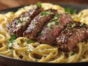 Close-up of tender sliced steak served over creamy beef garlic butter linguine, garnished with parsley.