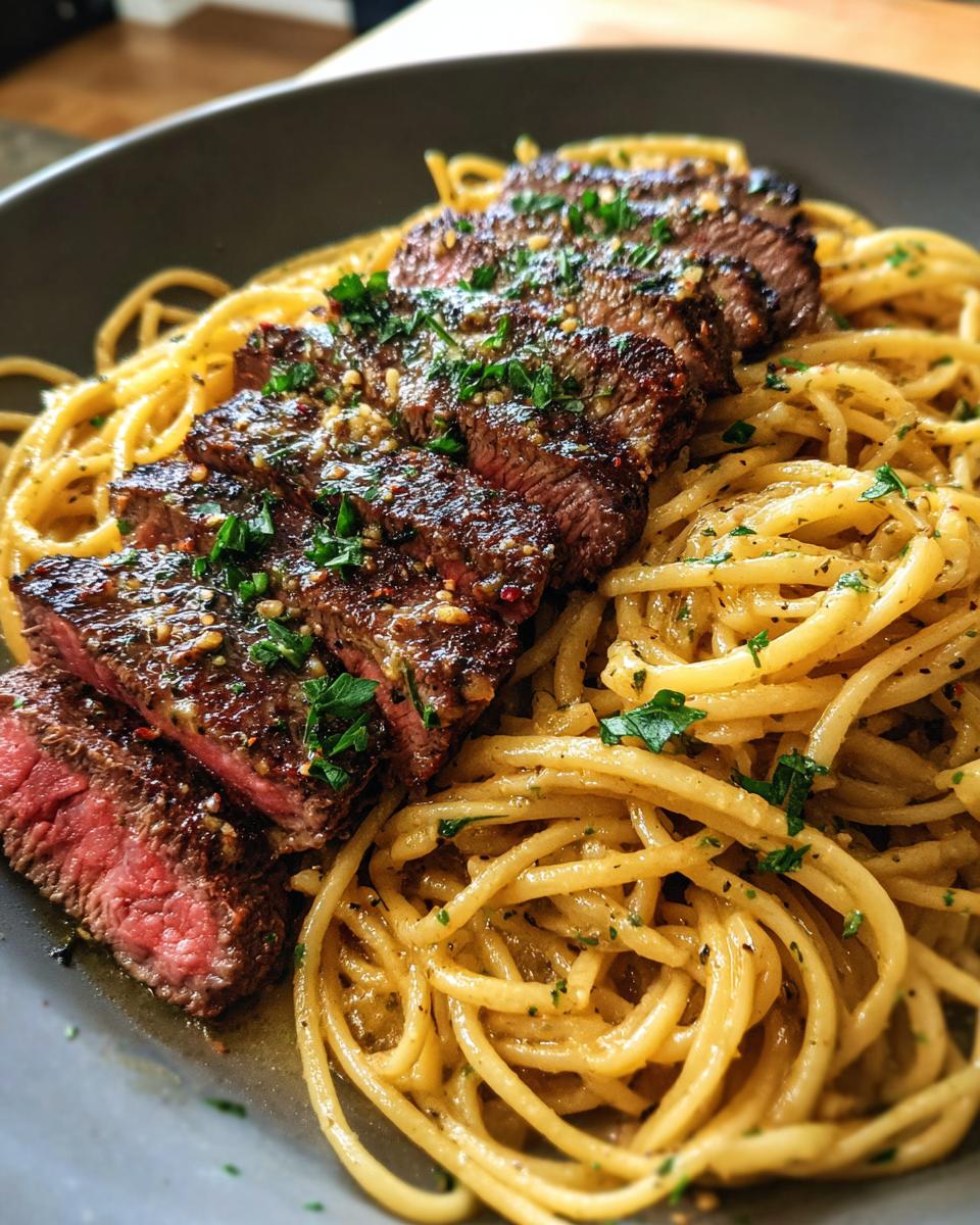 Close-up of delicious beef garlic butter linguine topped with perfectly sliced steak and fresh parsley.