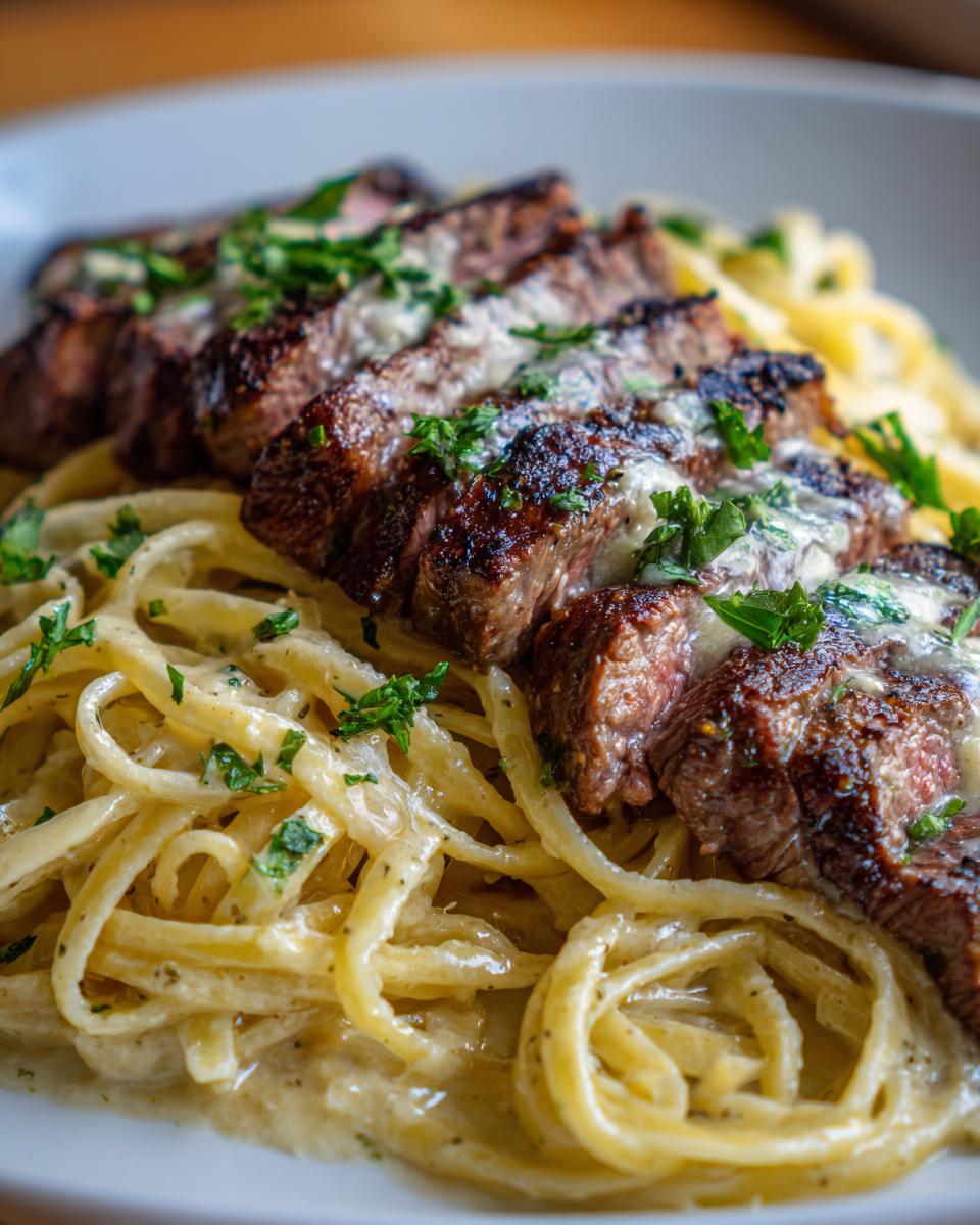 Close-up of delicious beef garlic butter linguine topped with sliced, grilled steak and fresh parsley.