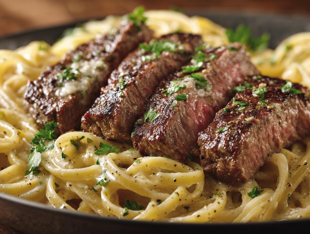 Close-up of tender sliced steak served over creamy beef garlic butter linguine, garnished with parsley.