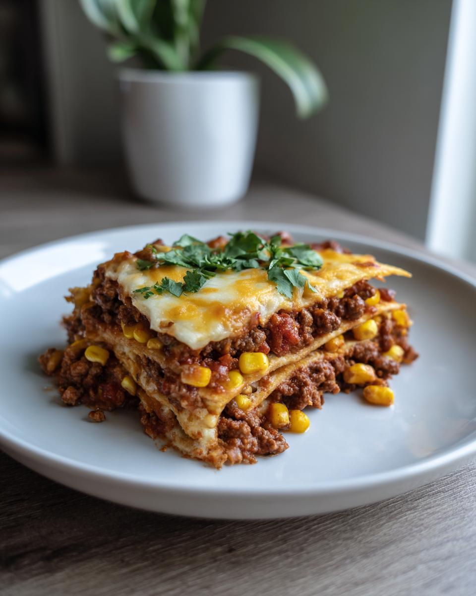 A slice of hearty beef taco casserole with layers of seasoned ground beef, corn, tortillas, and melted cheese, garnished with cilantro.
