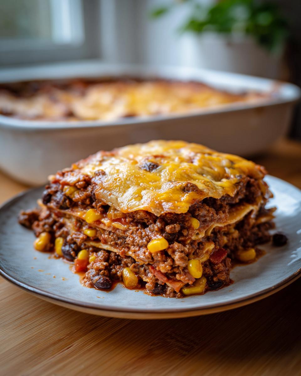 A slice of hearty beef taco casserole with layers of ground beef, corn, beans, and melted cheese.