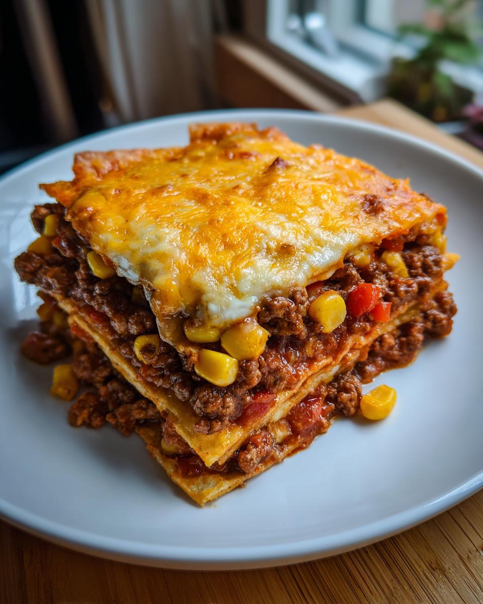 A close-up of a hearty slice of beef taco casserole, layered with seasoned ground beef, corn, and melted cheese.