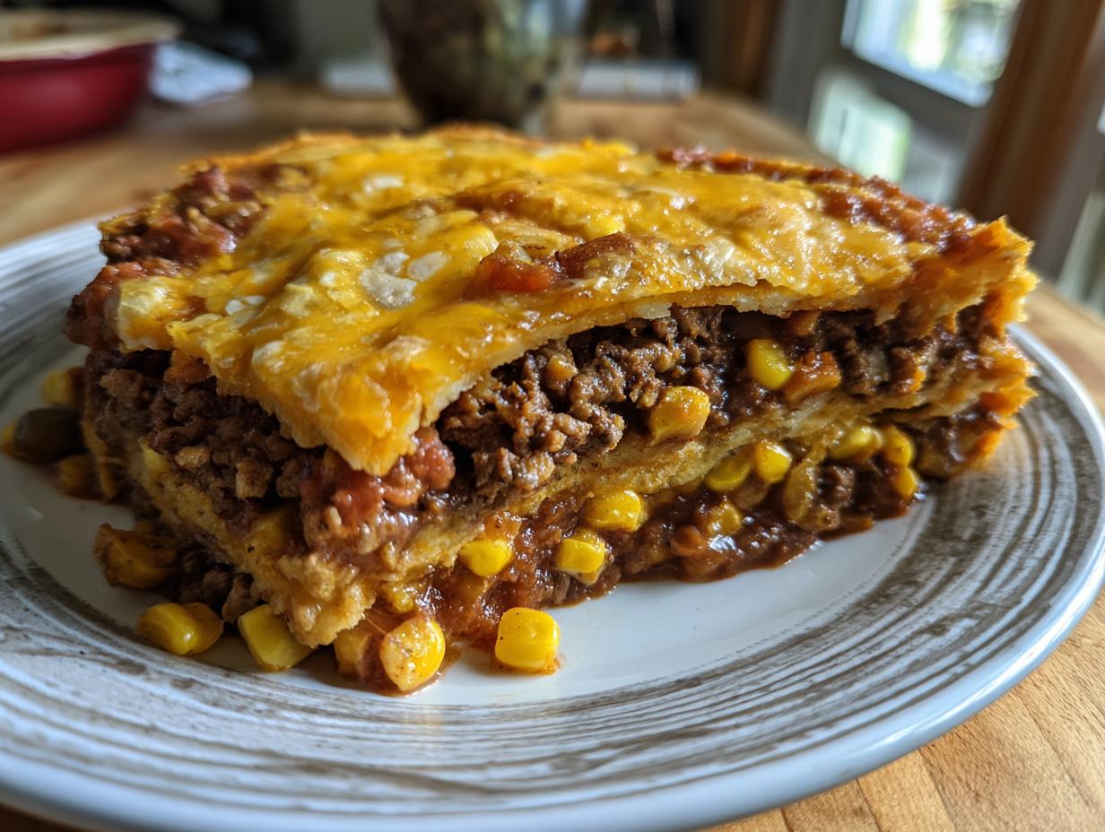 A hearty slice of Beef Taco Casserole featuring layers of seasoned ground beef, corn, and melted cheese.
