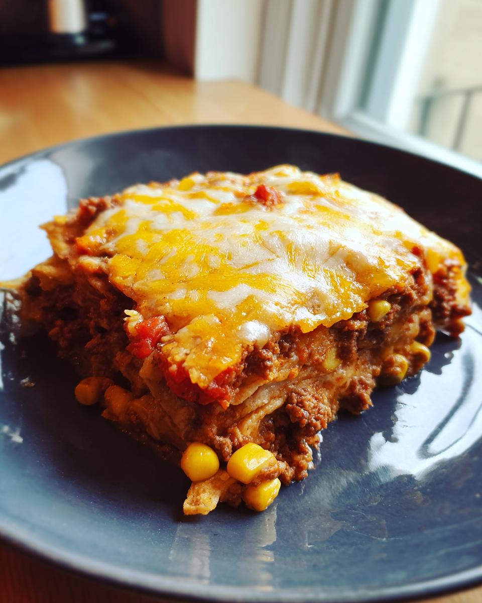 A close-up of a hearty slice of beef taco casserole with melted cheese and corn on a dark plate.