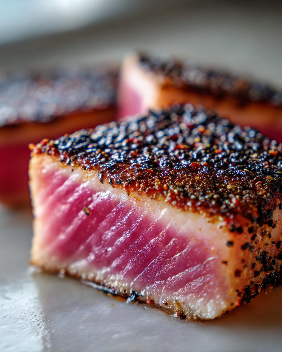 Close-up of a perfectly cooked Blackened Tuna Steak, showcasing its vibrant pink interior and dark, peppery crust.