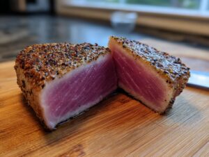 A perfectly cooked Blackened Tuna Steak, cut in half to reveal its vibrant pink, flaky interior.