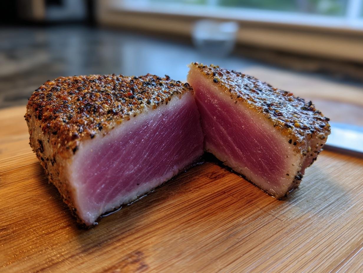 A perfectly cooked Blackened Tuna Steak, cut in half to reveal its vibrant pink, flaky interior.