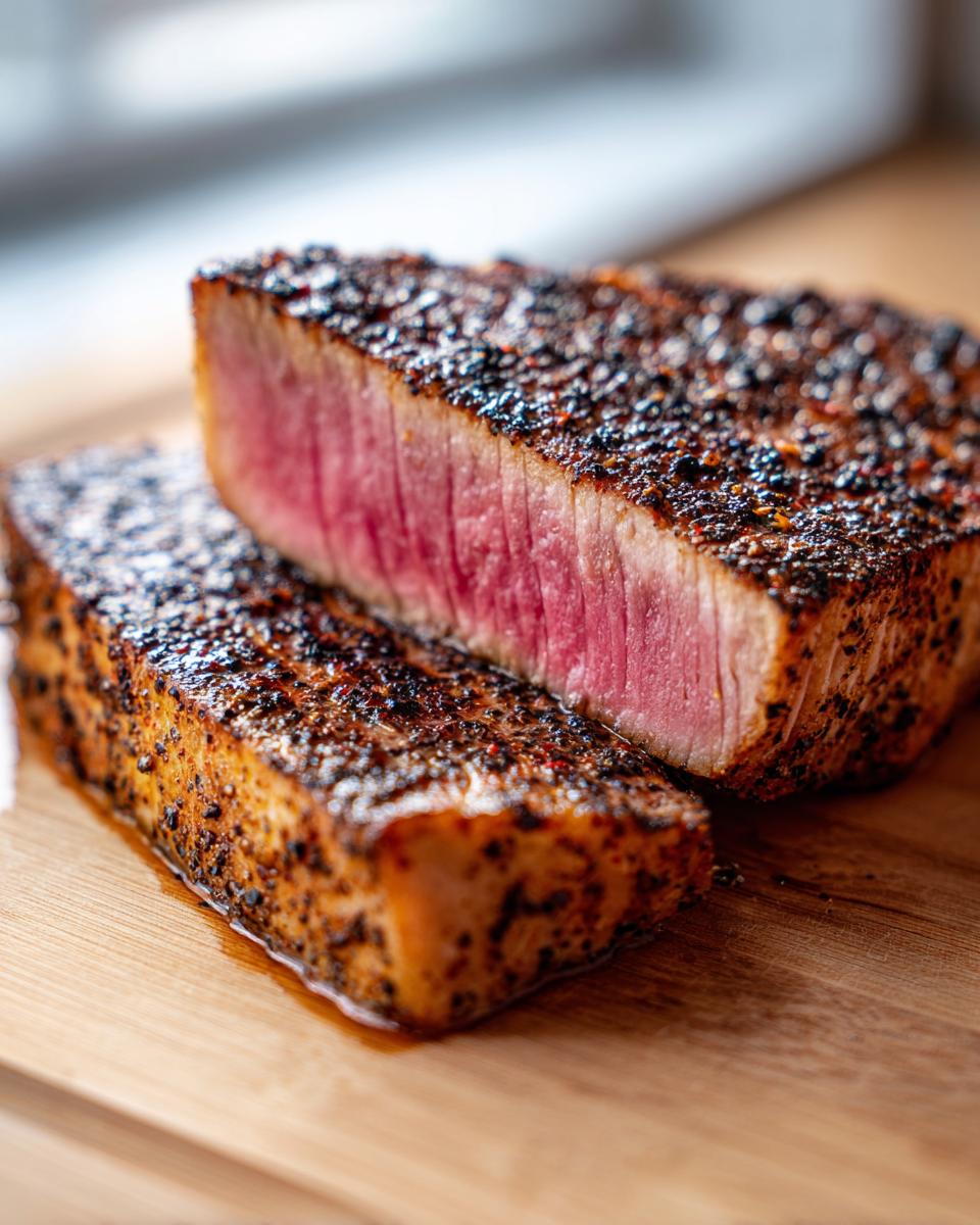 A perfectly cooked Blackened Tuna Steak, cut in half to show the vibrant pink interior and seasoned crust.