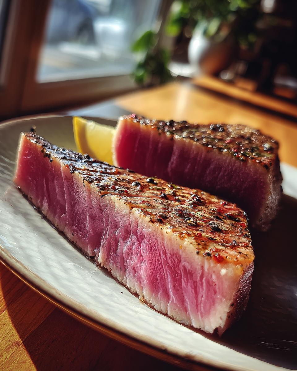Two perfectly cooked blackened tuna steaks with a vibrant pink interior, served with a lemon wedge on a white plate.