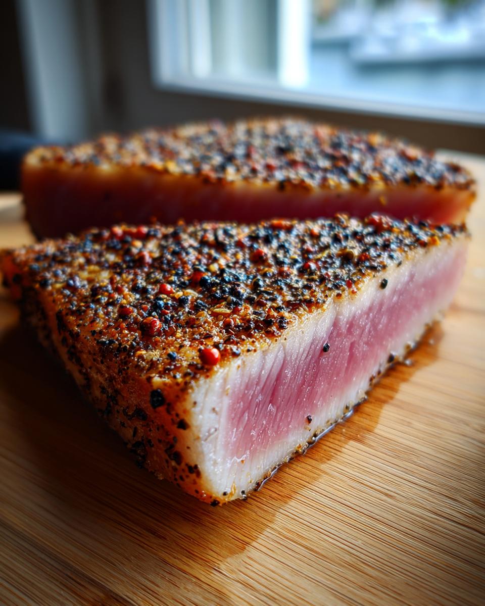 A perfectly cooked Blackened Tuna Steak, seared with a dark spice crust and a vibrant pink interior, resting on a wooden board.