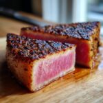 Close-up of a perfectly cooked Blackened Tuna Steak, sliced to reveal a vibrant pink interior and a seared, spiced crust.