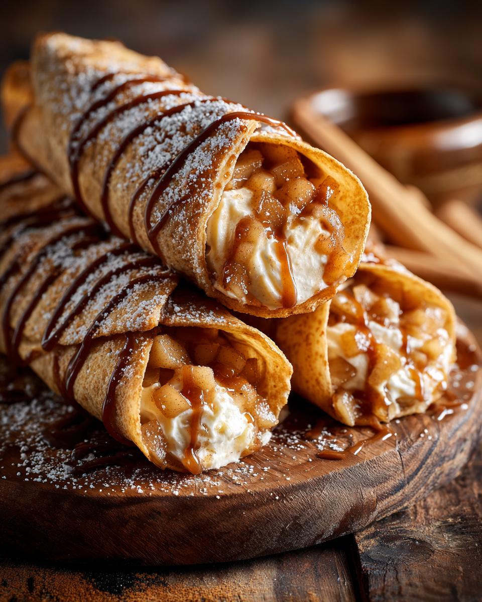 Close-up of three blueberry breakfast quesadilla party tacos filled with cream cheese and fruit, drizzled with chocolate and dusted with powdered sugar.