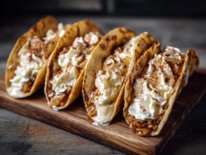 Four delicious blueberry breakfast quesadilla party tacos filled with blueberry filling and topped with whipped cream and cinnamon.