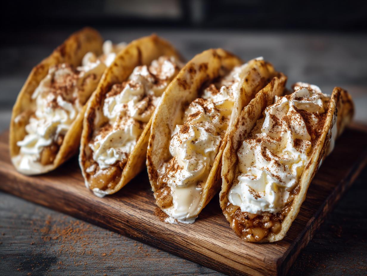 Four delicious blueberry breakfast quesadilla party tacos filled with blueberry filling and topped with whipped cream and cinnamon.